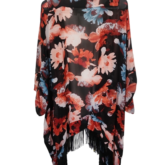 Eva Mendez & York Co Feminine floral fringed shawl Kamono one size cover up - Picture 7 of 9